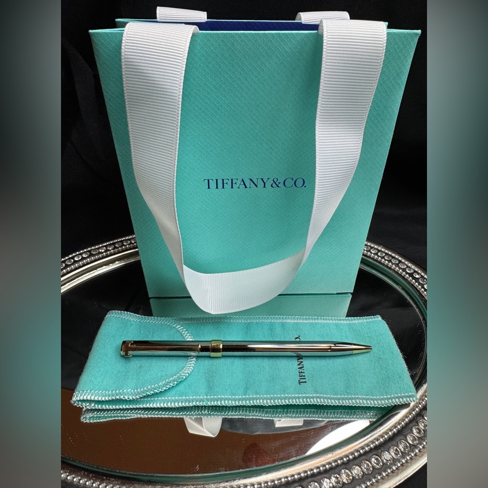 Tiffany & Co. Silver and Gold Pen with Aqua Pouch and Gift Bag